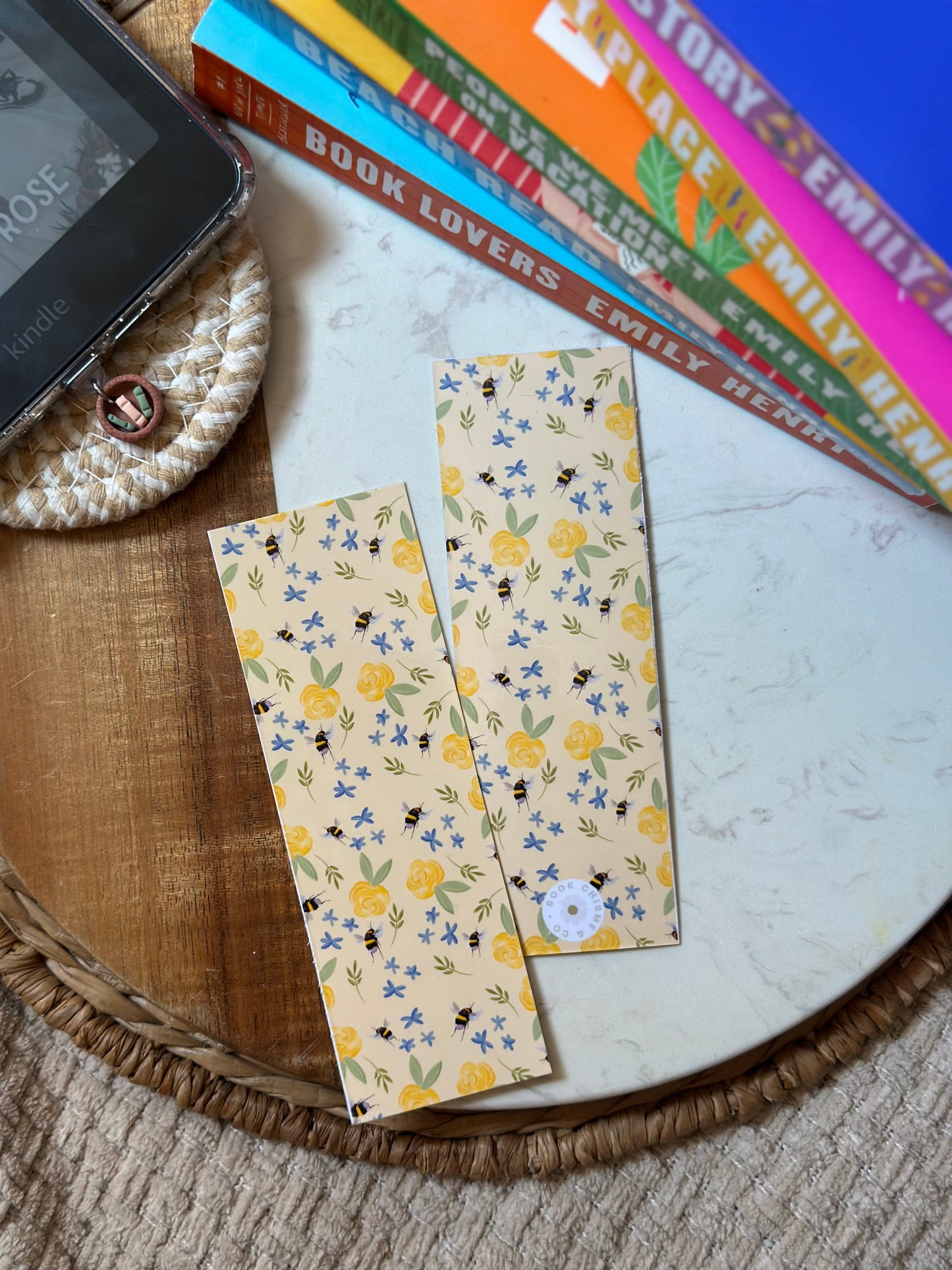 Yellow Floral Bees - Double Sided Laminated Bookmark