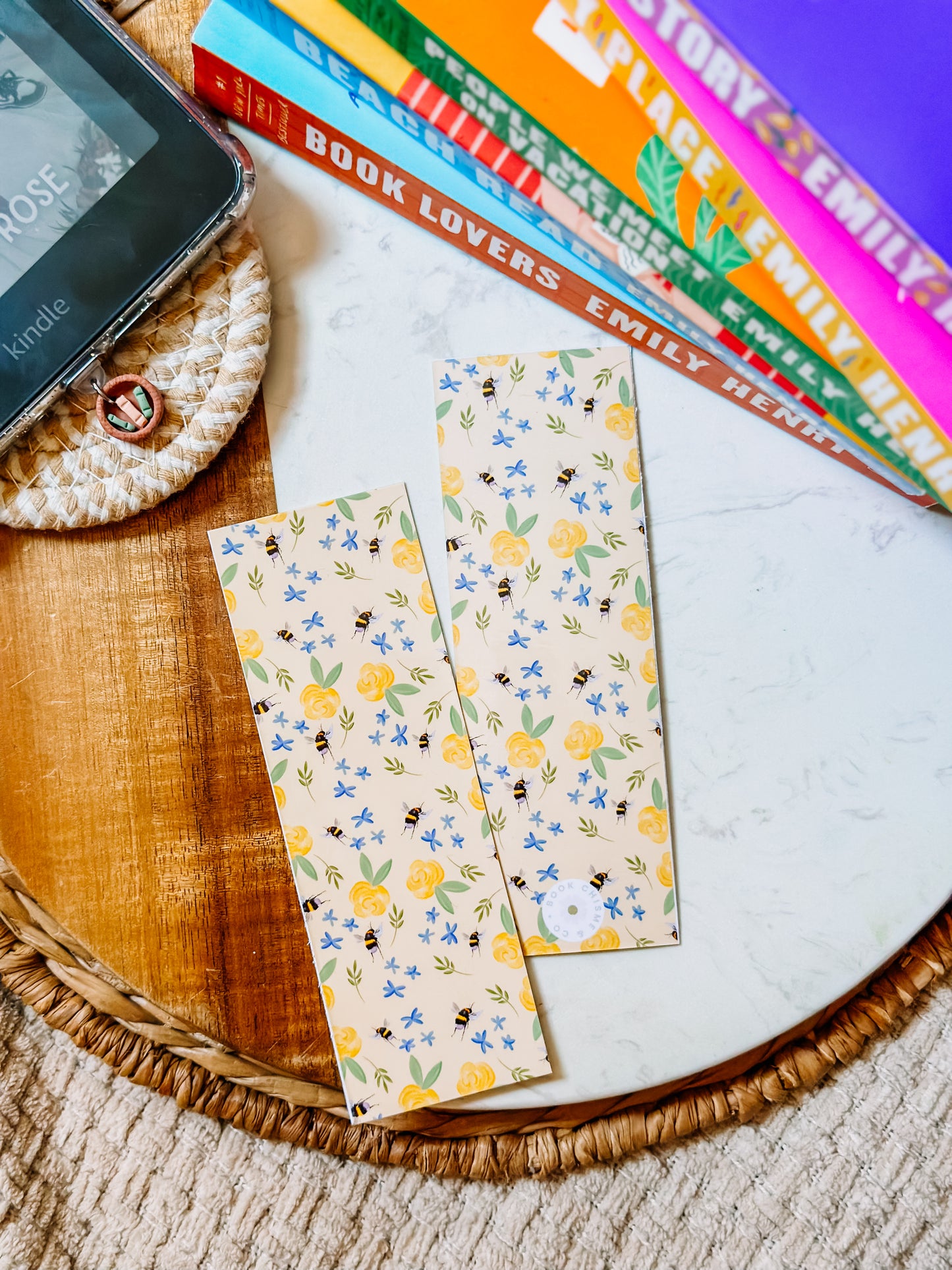 Yellow Floral Bees - Double Sided Laminated Bookmark