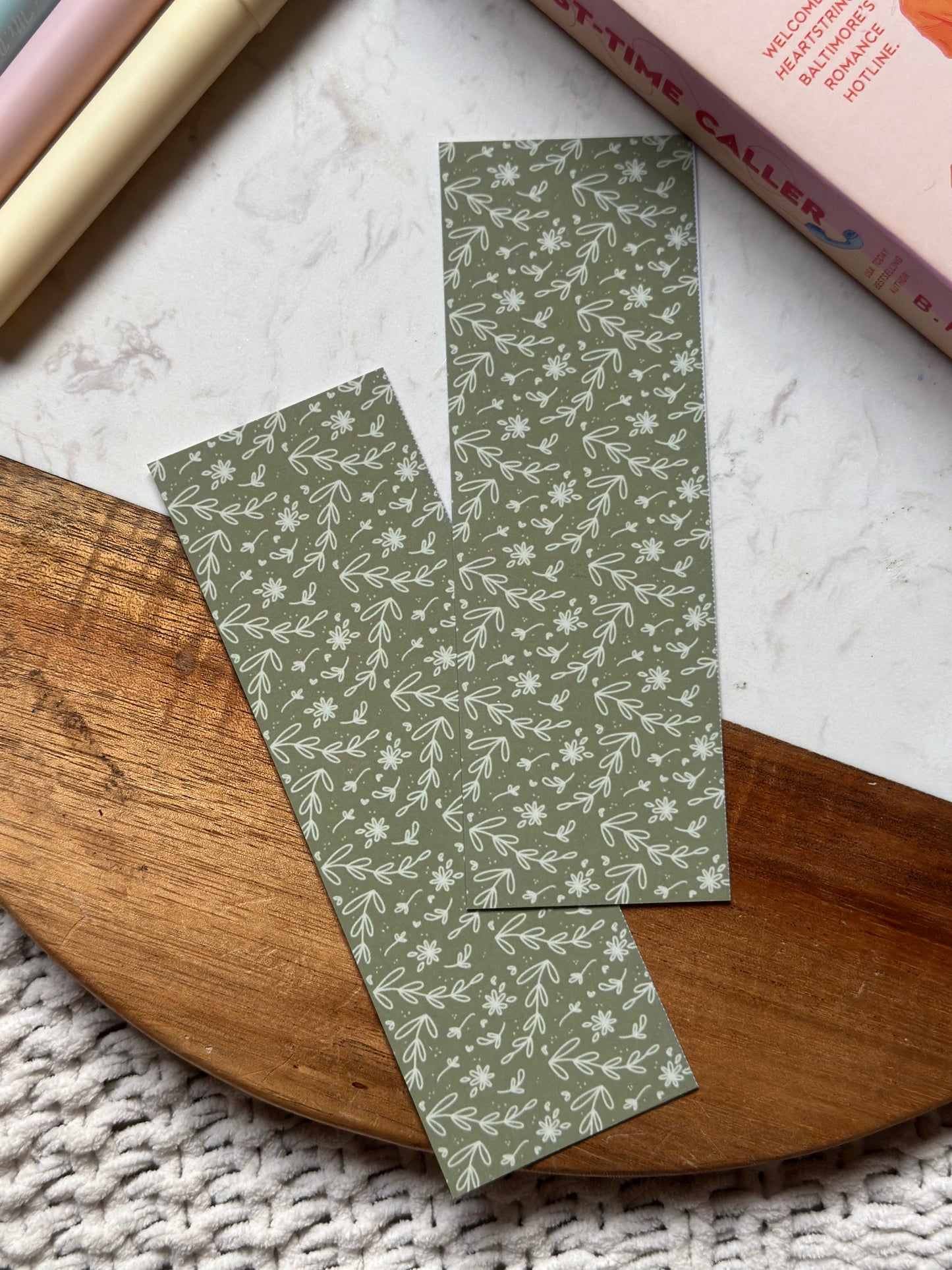 Green Floral Outline - Laminated Bookmark