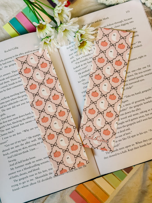 Pink Ghosties & Pumpkins Bow Pattern- Double Sided Laminated Bookmark
