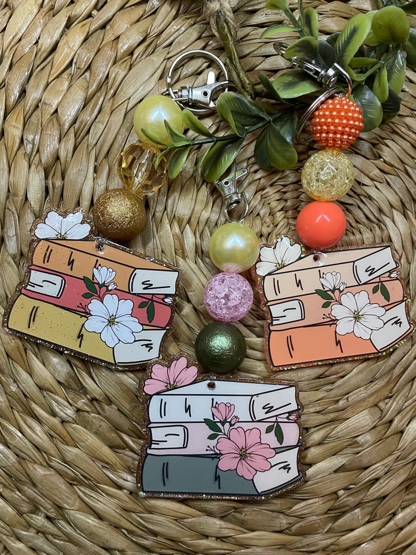 Floral Stacked Books Bag Charm / Keychain